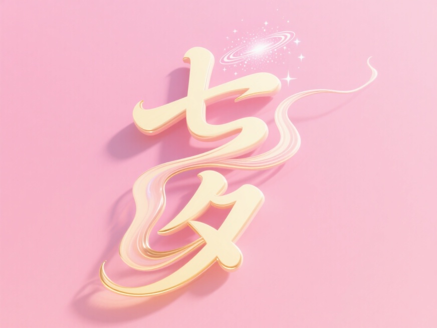 竖向浅色文字"七夕"，蜜桃粉背景，文字鹅黄； 手写体，用银河波纹装饰，竖画融入水流曲线，轻微晕染，七夕连笔，字下方加浅金色阴影，字上方用银河元素装饰；预览效果