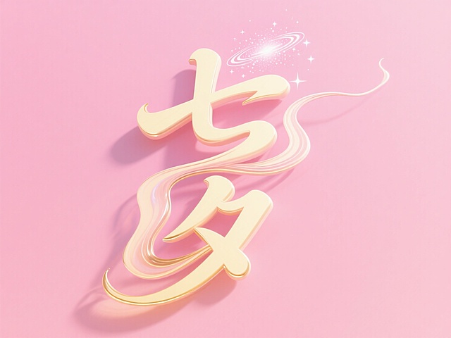 梦幻3D风“七夕”大字，液态流动设计，甜美粉色背景，星光点缀，浪漫节日氛围。