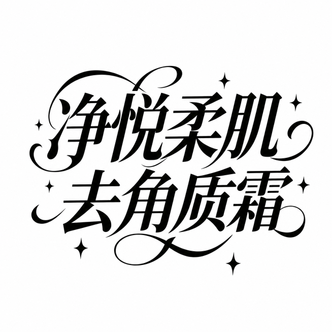 将抠出的黑色标题文字“净悦柔肌去角质霜”放置在纯白色背景上，保留文字和装饰星点样式不变预览效果