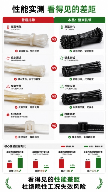 [第8屏] 性能实测对比屏，本屏使用【图4】黑色整束扎带作为本品展示。
[氛围/风格] 直观对比风，数据可视化，专业真实，突出性能差异。
[元素布局] 左右精准对比排版，左侧展示普通扎带：高温软化、吸预览效果