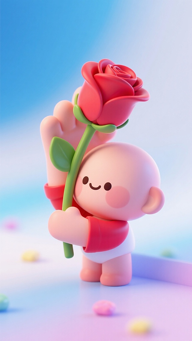 3D卡通风格，手持玫瑰，营造可爱温馨氛围。