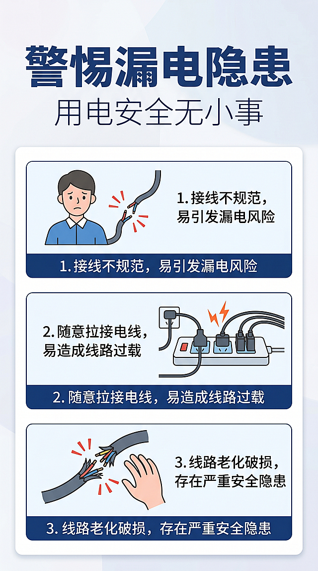 主文案"警惕漏电隐患"醒目加粗居中，副文案"用电安全无小事"在下方，字体纤细。示意图展示不规范接线的三种风险提示，配提示文字，风格简洁商务。高清 8K，警示信息清晰