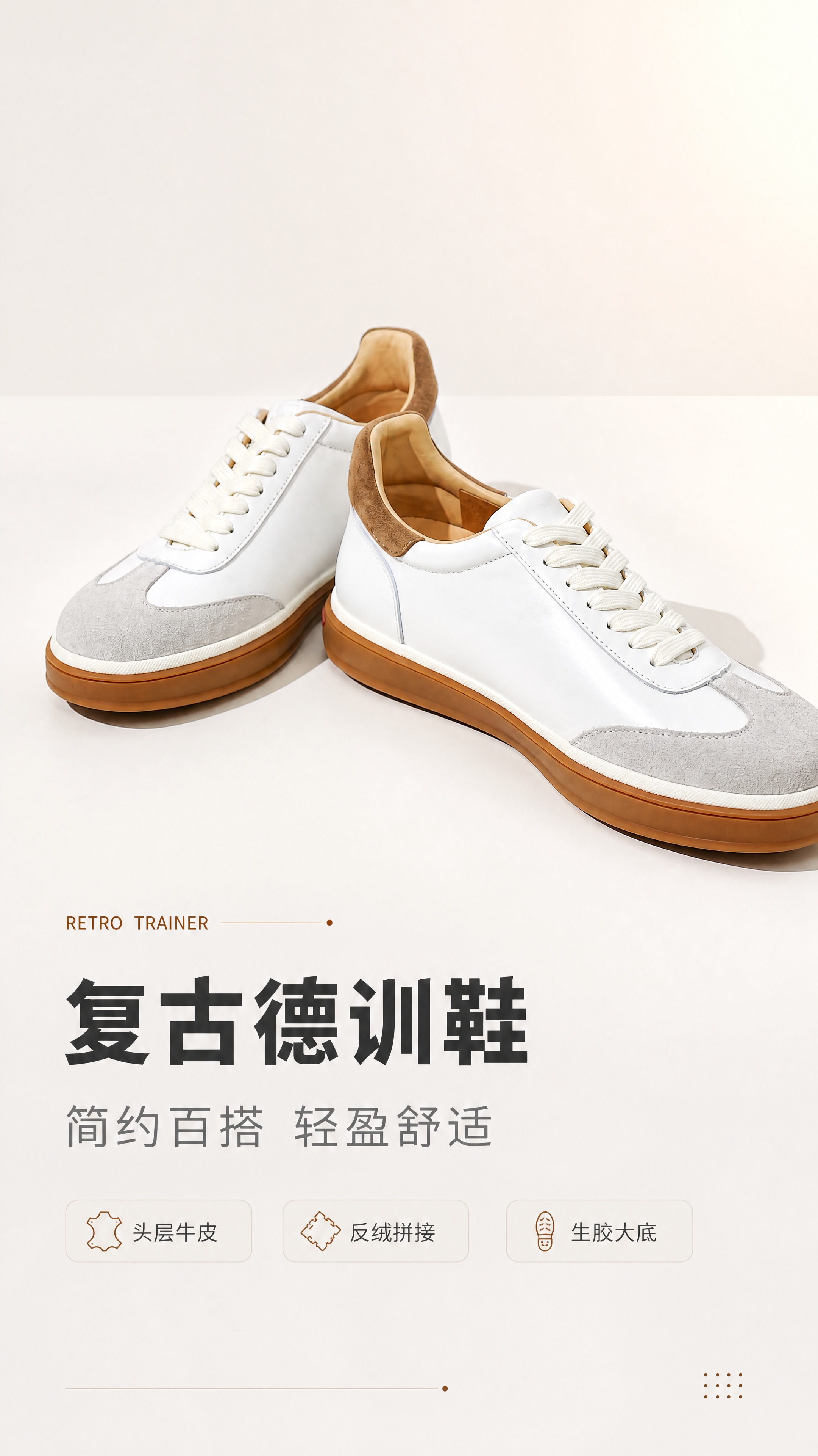 [商品] 使用【图1】白棕拼色德训休闲板鞋；商品处理：保留鞋型… - 图片创意预览