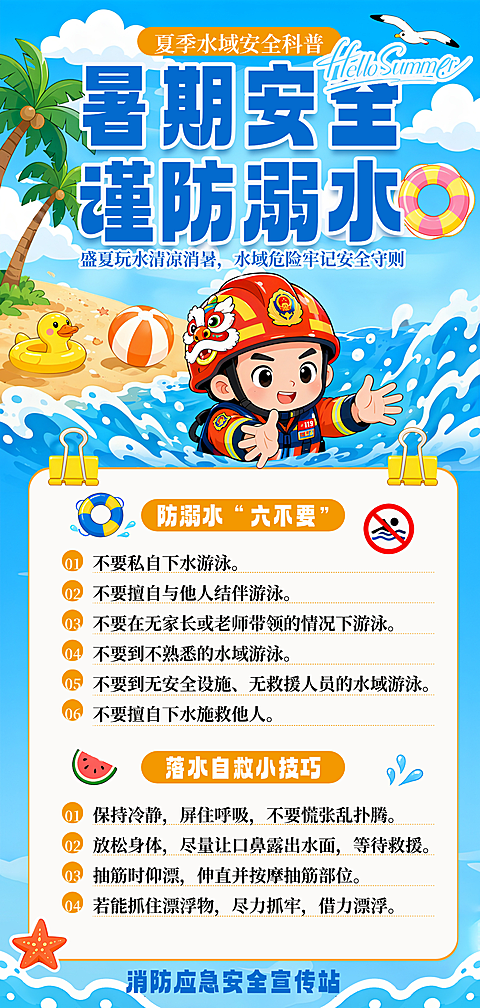 卡通风暑期安全谨防溺水安全科普竖版海报