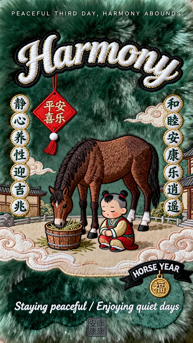 毛绒布上刺绣的2026马年初三海报