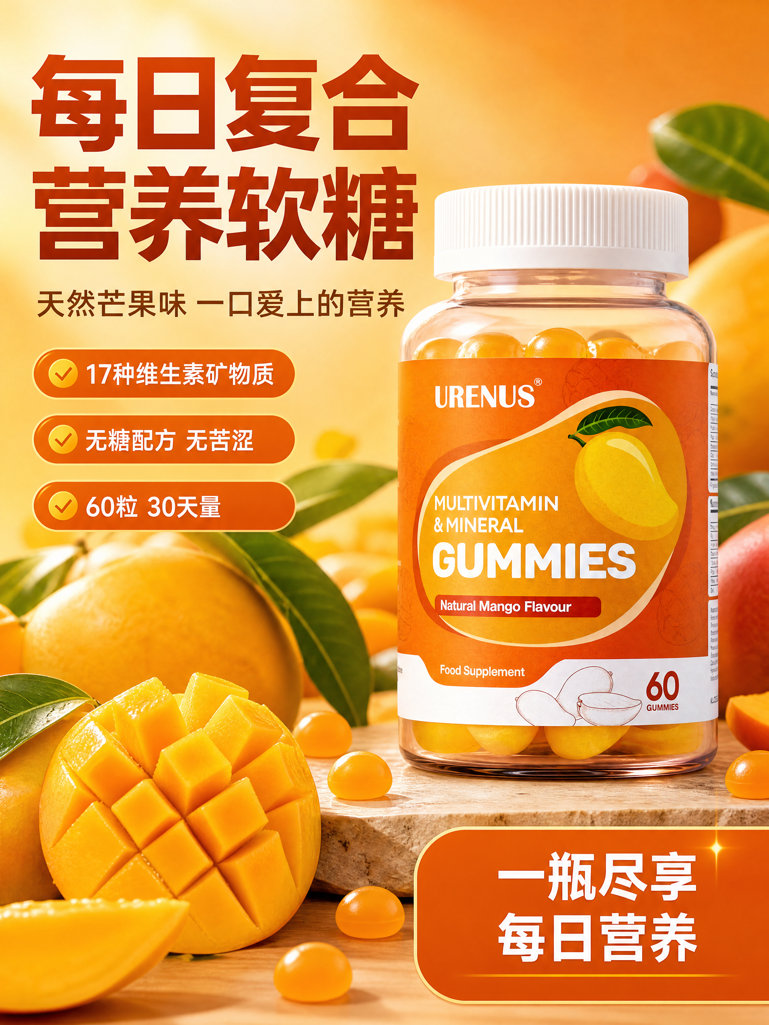 [商品] 使用【图1】URENUS复合维生素矿物质软糖透明瓶装… - 图片创意预览