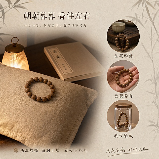[主图-5] 宝聿堂 安神静心香合香珠手串 日常使用场景与养护展示。
[统一基调] 东方雅致国风禅意风格，小红书原生氛围感，温润柔光质感，背景为浅米杏色宣纸质感，点缀淡墨竹影，整体色调暖棕米白，字体为纤细宋体书法感，字色深棕褐色，辅助文案用小号手写体。
[画面] 画面采用三分构图，左侧展示手串放在枕边的场景：浅色亚麻枕头上，合香珠手串静静放置，旁边有一盏暖光小夜灯和一本合上的书，营造夜晚静谧的氛围。右侧展示三个圆形小图标场景：1. 手串挂在中式茶盘边（品茶场景）；2. 手串握在手心（把玩盘玩）；3. 手串放在透明玻璃瓶中（收纳养护）。三个圆形图标竖向排列，每个下方有简短说明。背景整体为暖米色，温馨宁静。
[光影质感] 暖调柔光，枕边场景有夜晚暖黄灯光感，整体柔和舒适，生活摄影质感。
[配色] 主色深棕、米白、暖黄、亚麻色，背景暖米色，整体温馨治愈。
[文字版式] 画面上方主标题："朝朝暮暮 香伴左右"，宋体深棕色。三个图标下方分别标注："品茶雅伴""盘玩养香""瓶收纳藏"。底部一行小字："寒温均衡 清润不燥 养心不耗气"。右下角手写体："夜夜安稳 时时从容"。文字均放在负空间。
[输出要求] 1:1正方形比例，2K高清，场景温馨自然，文字清晰可读，无变形错字，无水印无平台logo，整体小红书种草感，功效表达隐晦温和不违反广告法。