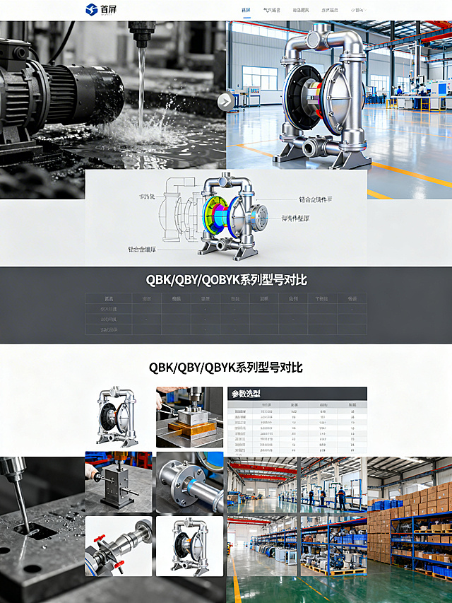 铝合金气动隔膜泵详情页，工业风设计，包含首屏痛点对比图（左侧黑白模糊的传统机械泵漏液、电机烧毁场景，右侧高亮彩色的铝合金泵体在干净车间运行场景）、3D剖切图展示铝合金铸件壁厚、QBK/QBY/QBYK系列型号对比模块、6张细节图拼接展示工艺、参数选型表格、多应用场景实拍图、工厂仓库实拍图，整体风格专业严谨，配色以银灰、深灰、白色为主，文案清晰排版合理，3:4比例，2k分辨率。