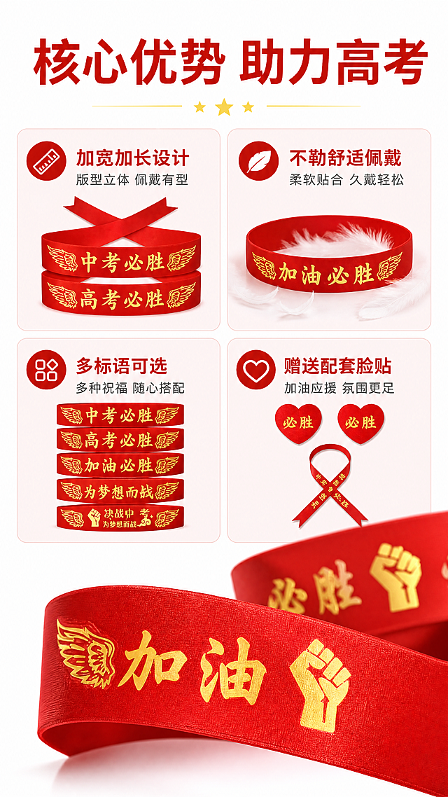 「图片1」，「图片1」生成一套详情页，商品名称为中考高考加油头巾，腕带，适配淘宝/天猫平台，单图比例为9:16，需求屏数为8张。