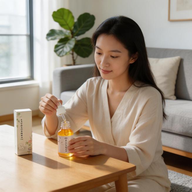 把精油产品融入北欧风客厅场景，加入松弛自然的东亚女性使用产品，保留产品文字不变，保持产品结构通透质感，整体浅木色暖调，明亮自然光，温馨治愈氛围，产品相似度50%预览效果