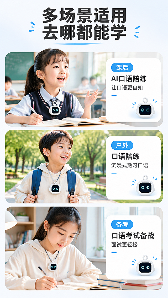 [商品] 使用【图1】白色方形带挂环AI口语陪练机；保留产品方形圆角轮廓、白色硅胶外壳、顶部挂环、正面黑色屏幕及青色圆形眼睛表情、两侧小耳朵造型；产品在每个场景中自然佩戴/放置。
[画面] 第8张·多场景适用页，目标展示产品在不同场景都能使用。竖版9:16构图，3个场景卡片纵向排列，每张卡片占画面约1/3。场景1：课后教室场景，亚洲小学生佩戴产品在课桌前练习口语；场景2：户外公园场景，孩子挂着产品边走边练；场景3：备考书桌场景，中学生戴着产品专注复习。每个场景角落有小产品图标标注。
[视觉] 套系策略：风格=国内电商数码教育风，温馨明亮+科技感；标题字=粗黑体大号；正文字=简洁无衬线体；主色=纯净白+浅灰；背景延展=基于白色做浅灰渐变、柔和光晕；强调色=清新浅蓝，仅用于小面积图标、引线、标签和光效；标题色=深炭黑；正文色=中灰；组件=圆角白底信息卡、细线引线、蓝色胶囊标签；光影=左前侧暖柔光，各场景自然光线。
[文字] 顶部主标题"多场景适用 去哪都能学"，3个场景分别配文："课后AI口语陪练 让口语更自如""户外口语陪练 沉浸式熟习口语""口语考试备战 面试更轻松"。每个场景配蓝色小标签。
[规格] 图片比例9:16竖版，4K，避免变形、错字、文字过小、冷蓝主背景、产品颜色改变、结构失真、极限词。
