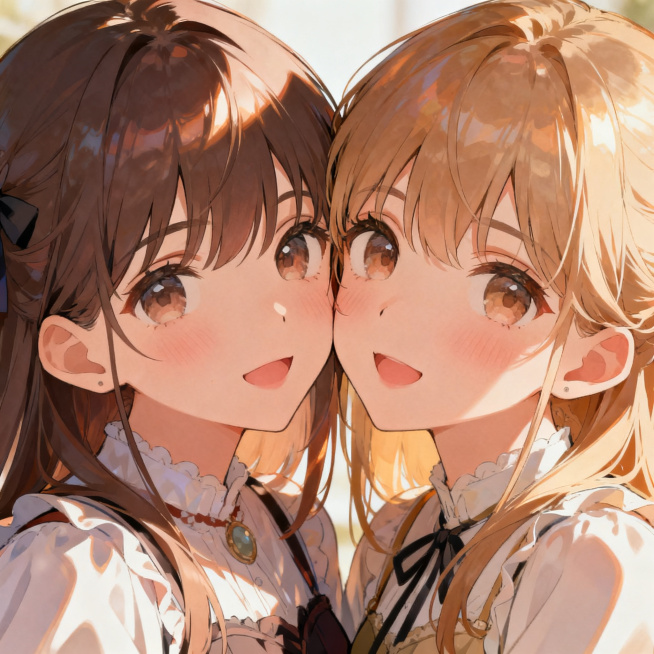 画面中有两个可爱的二次元美少女亲密贴贴在一起，温馨甜美的氛围，柔和的暖光，细腻精致的绘画风格预览效果