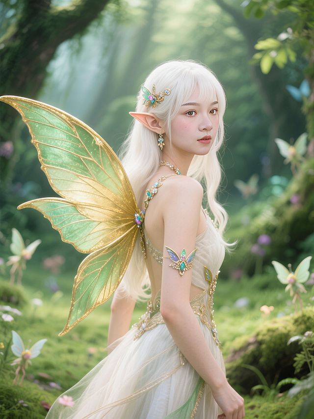 女生变成了精灵，白金色头发，精灵耳朵，有一双巨大的金绿色的翅膀，身上有精美独特的发饰，绿野仙境，童话世界里，到处都是小精灵。高清人像摄影，虚实结合，画面氛围渲染