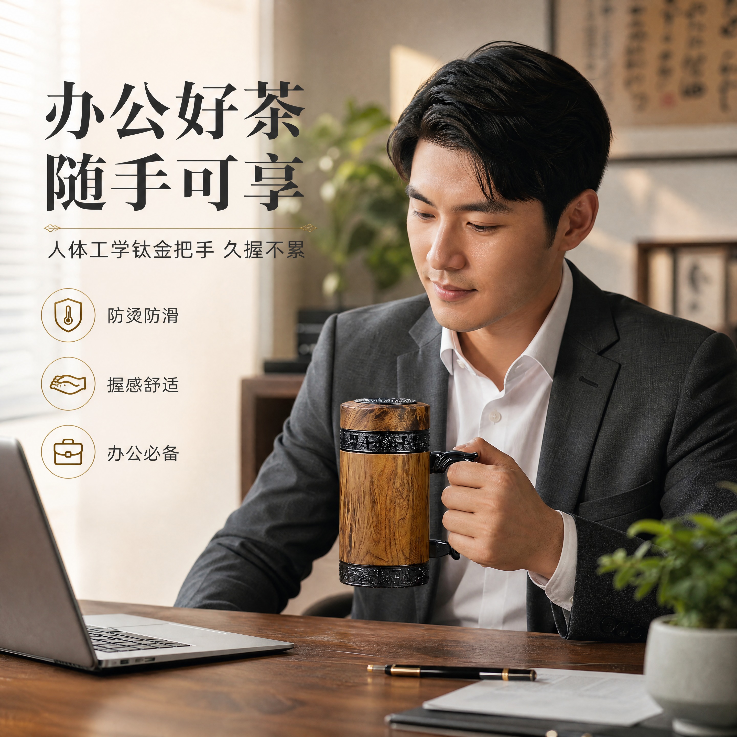 [商品] 使用【图1】年轮紫砂办公杯；保留木纹不锈钢外壁、紫砂… - 图片创意预览
