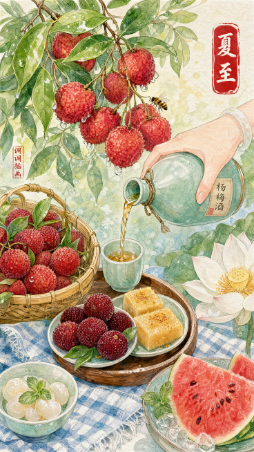 8K超高分辨率，精细手绘水彩新中式国潮海报，夏至节气夏日静物风物，带翠绿枝叶的鲜红荔枝果枝，挂着晶莹水珠，一只黄黑条纹小蜜蜂停在枝间，竖长红色宣纸书法印章写毛笔字"夏至"；纤细白皙手倾斜倾倒青瓷杨梅酒预览效果