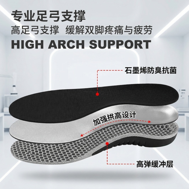 主图2：鞋垫三层结构剖面示意图，清晰展示黑色顶面+银色中层+蜂窝底三层构造；红色虚线引线分别指向各层并标注‘石墨烯防臭抗菌’‘加强拱高设计’‘高弹缓冲层’；背景为浅灰微光实验室风，产品居中，全屏无边框预览效果