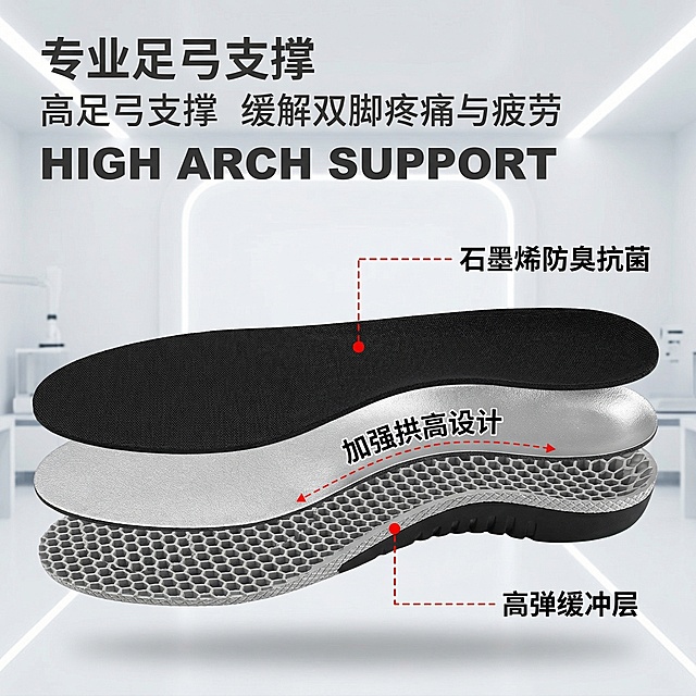 主图2：鞋垫三层结构剖面示意图，清晰展示黑色顶面+银色中层+蜂窝底三层构造；红色虚线引线分别指向各层并标注‘石墨烯防臭抗菌’‘加强拱高设计’‘高弹缓冲层’；背景为浅灰微光实验室风，产品居中，全屏无边框；文字悬浮左上负空间（无底框，深灰粗体）；1:1比例, 2k分辨率