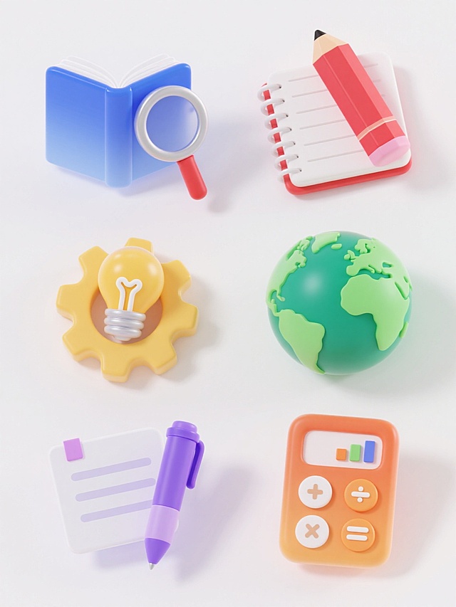 六个学习主题相关的3D图标，保持渐变透明质感、平滑光影过渡和清晰边缘的风格，元素分别为蓝色书本配放大镜、红色铅笔配笔记本、黄色灯泡配齿轮、绿色地球配书本、紫色钢笔配便签、橙色计算器配图表，每个图标独立排列整齐，白色背景，统一的半透明立体效果和柔和高光，简洁现代的学习工具视觉设计。