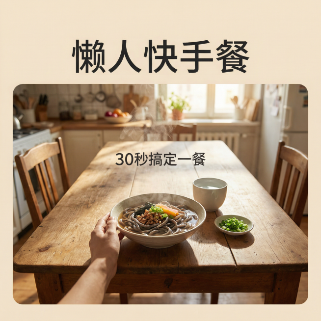 [主图 4]
[主图主题] 居家食用场景体验
[氛围/风格] 生活化治愈，温馨舒适，真实自然
[画面元素] 第一人称视角，餐桌上摆放着一碗煮好的黑青稞乌冬面，旁边放着一杯清水和一小碟葱花，阳光从厨房窗预览效果