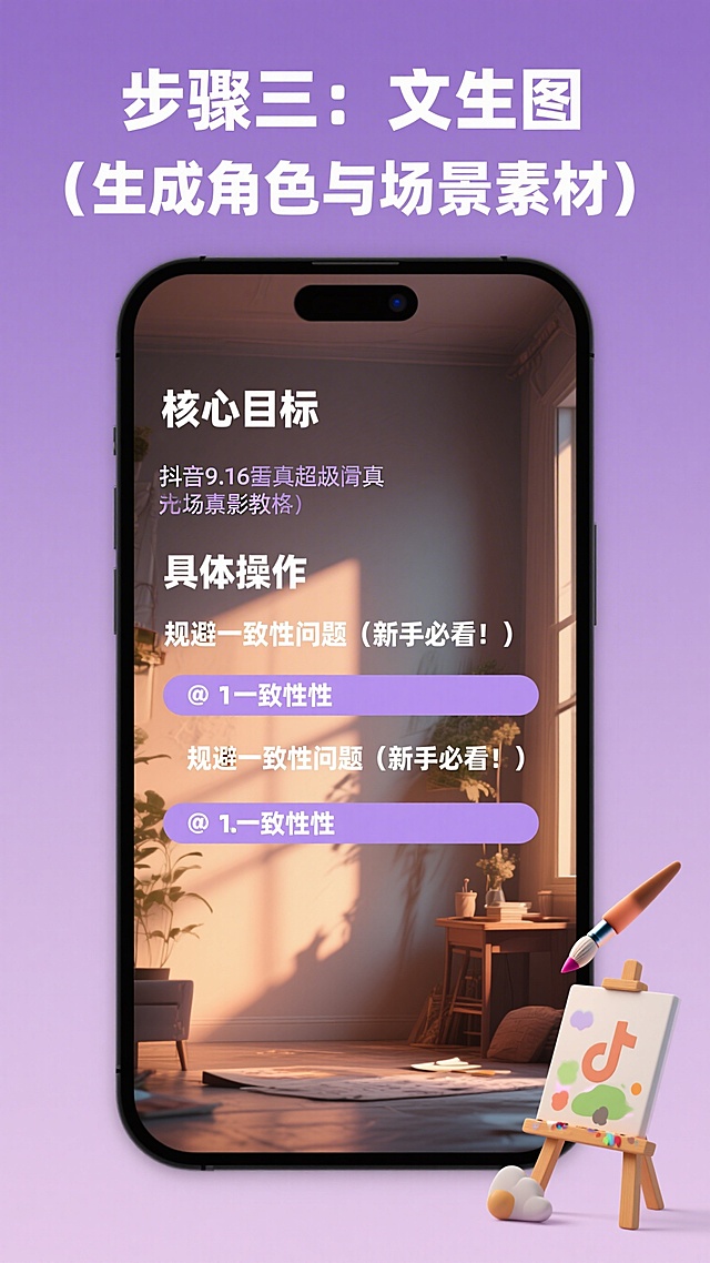 抖音9:16竖版教程图，暖调淡紫渐变背景，顶部居中加粗醒目字体"步骤三：文生图（生成角色与场景素材）"，文字无错漏。下方依次左对齐排版：加粗小标题"核心目标"后接说明文字，无错位；加粗小标题"具体操作"后接操作步骤，其中"规避一致性问题（新手必看！）"文字加粗，下方3条带▫️的一致性要点排版整齐，文字清晰。整体上下布局合理，文字大小适配竖版阅读，无重叠，和前面教程风格统一，角落搭配小巧画笔、画板装饰元素