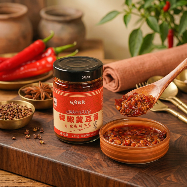 生成类似风格的辣椒黄豆酱美食商业图，保持酱产品和包装本体完全不变，包装形状、结构、图案、文字均不修改，保留酱料原有颜色、颗粒大小、酱豆形态、稠度、光泽不修改，构图类似原图，更换为和之前所有生成结果都不预览效果