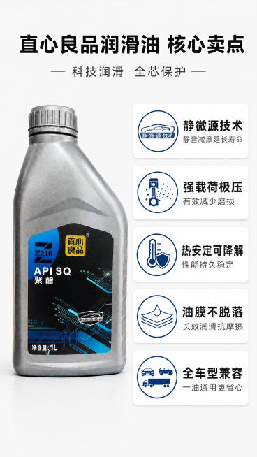 [第3屏] 核心卖点总览屏-APISQ聚酯机油核心优势展示。本屏使用【图4】作为内容参考，结合产品布局。
[氛围/风格] 简约专业风，浅灰底色，清晰卡片式布局，信息层级分明。
[元素布局] 左侧放置产预览效果