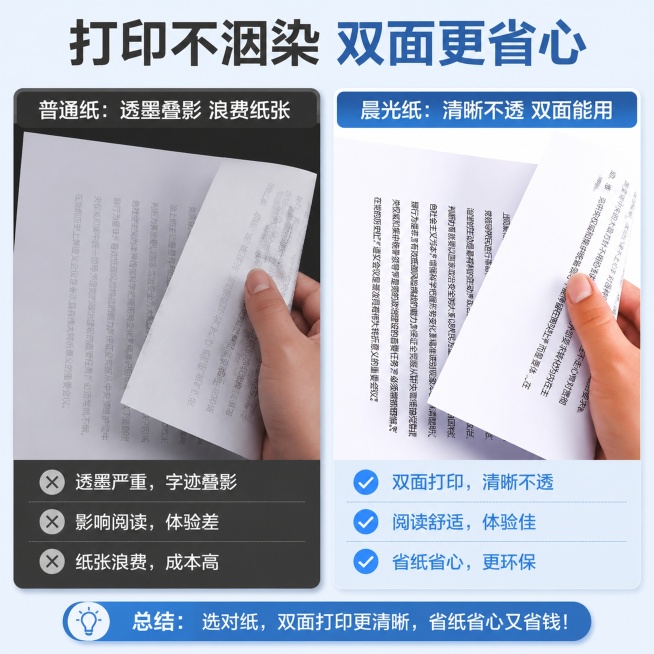 [第2屏] 痛点对比屏-普通打印纸vs晨光A4打印纸对比展示。本屏使用【图1】和【图3】作为对比素材。
[氛围/风格] 清晰直观对比风格，干净明快，突出差异。
[元素布局] 画面左右分栏对比，左栏展示预览效果