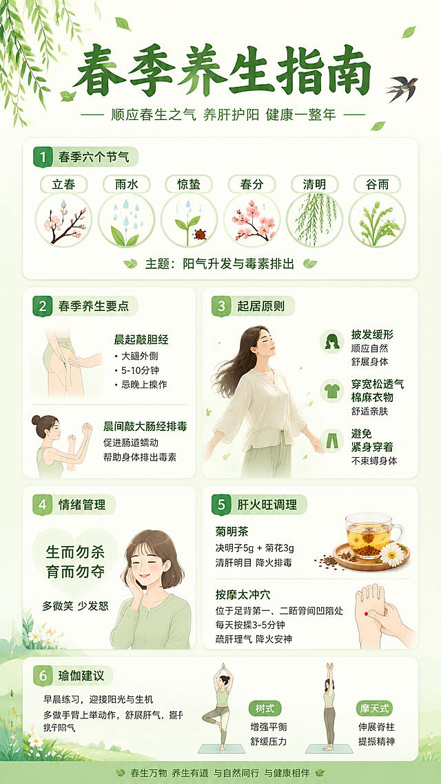 制作一张清新自然风格的春季养生知识科普海报，主标题为“春季养生指南”，内容包含：
1. 春季六个节气：立春、雨水、惊蛰、春分、清明、谷雨，主题是阳气升发与毒素排出
2. 春季养生要点：晨起敲胆经（大腿外侧，5-10分钟，忌晚上操作），晨间敲大肠经排毒
3. 起居原则：披发缓形，穿宽松透气棉麻衣物，避免紧身穿着
4. 情绪管理：生而勿杀、育而勿夺，多微笑少发怒
5. 肝火旺调理：菊明茶（决明子5g+菊花3g），按摩太冲穴
6. 瑜伽建议：早晨练习，多做手臂上举动作，如树式、摩天式
整体色调清新柔和，以浅绿、米白为主，排版清晰干净，适合手机端阅读分享