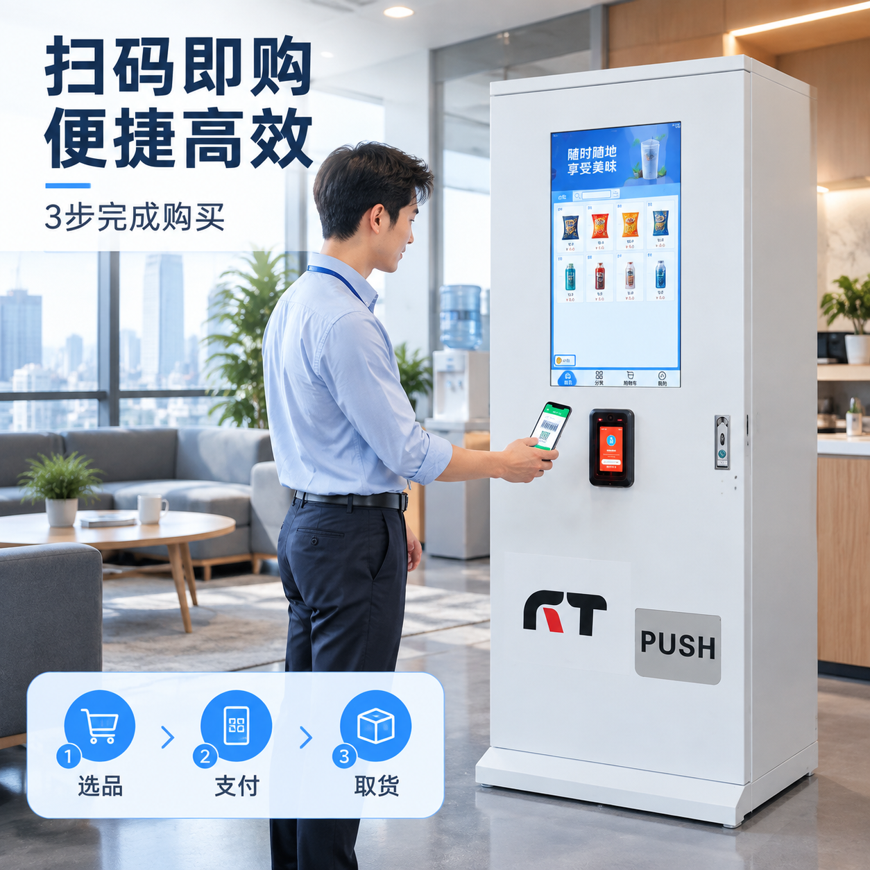 [主图-4] 场景/操作/使用体验，展示办公楼场景下员工扫码购… - 图片创意预览