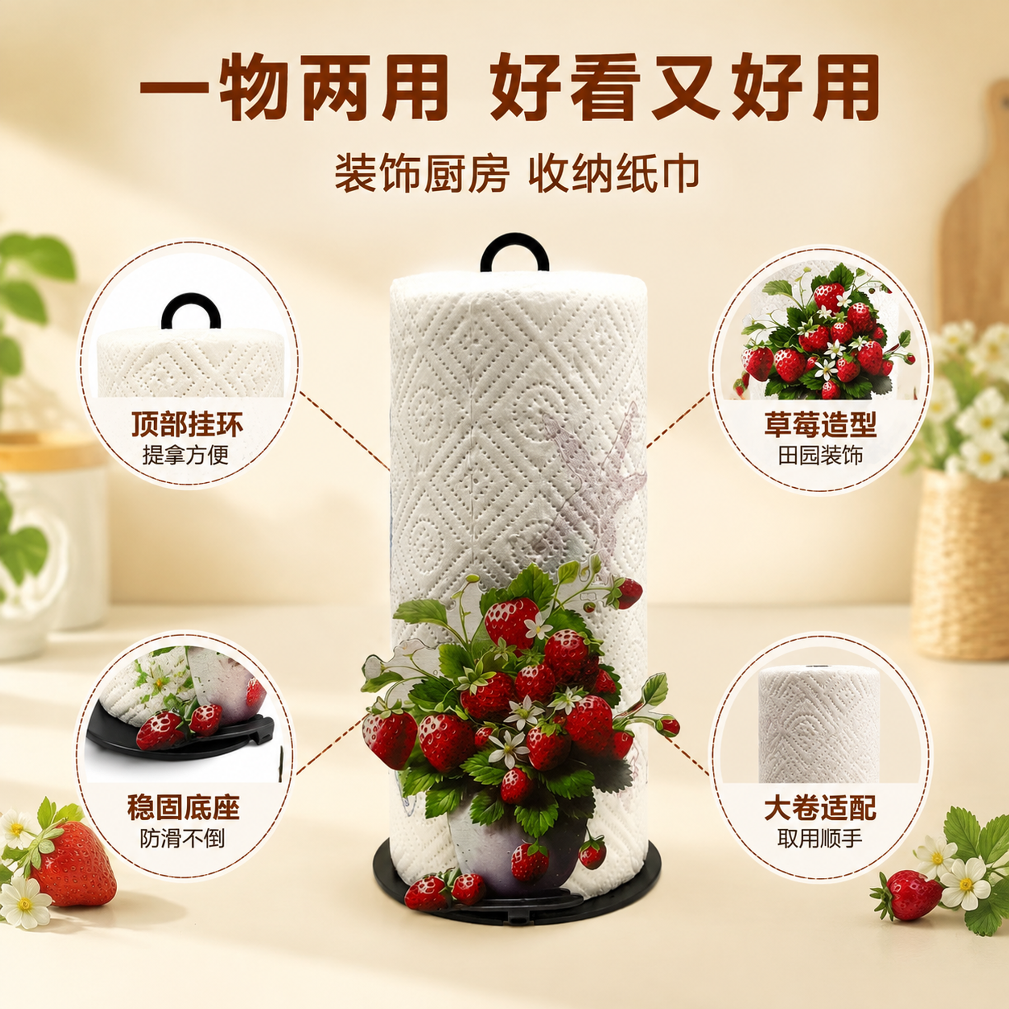 [主图-2] 厨房纸巾架核心卖点亮点导图，突出使用便利与装饰性… - 图片创意预览