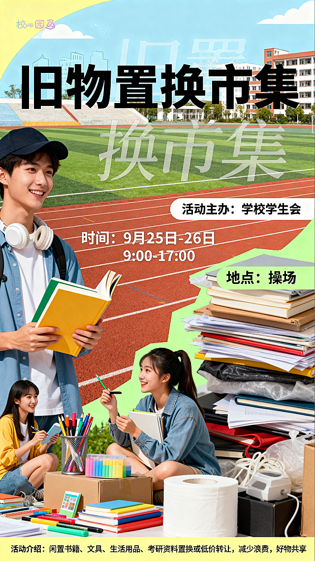 校园活动海报设计，主题为"旧物置换市集"，画面青春活泼，充满校园氛围感，海报清晰展示文字信息：活动主办：学校学生会，时间：9月25日-26日 9:00-17:00，地点：操场，活动介绍：闲置书籍、文具、生活用品、考研资料置换或低价转让，减少浪费，好物共享。整体设计兼具吸引力和信息清晰度，色彩明快，年轻时尚，适合学生群体。