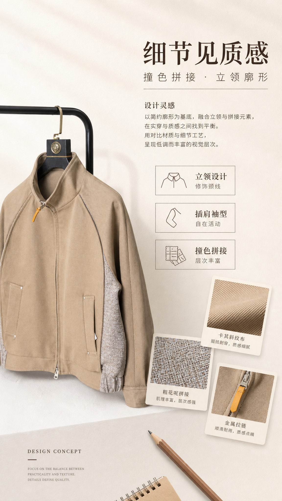 [第2张] 详情页设计理念页-卡其色拼接立领夹克设计灵感与版型… - 图片创意预览