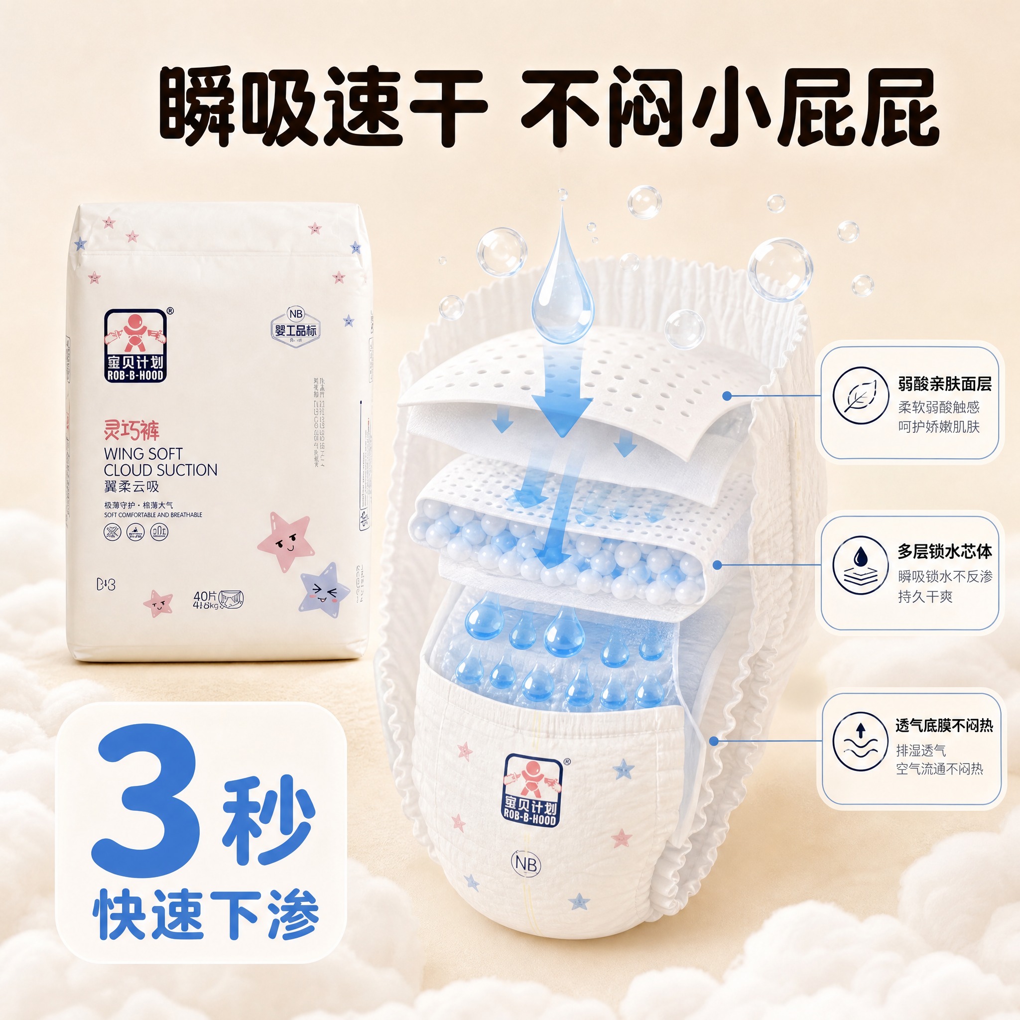[主图-2] 宝贝计划翼柔云吸纸尿裤 核心功能瞬吸干爽机理可视… - 图片创意预览