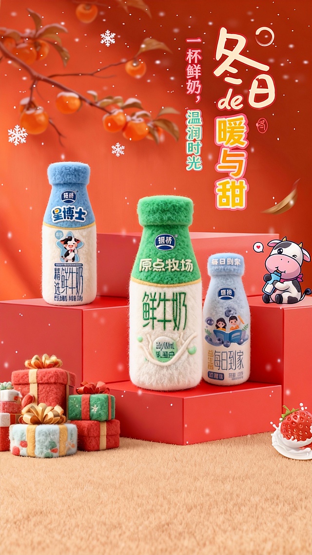 将图示商品变成毛绒绒质感，还原商品颜色细节。文字也变成卡通的字体，颜色要求明媚，瓶身的logo必须明显，不模糊