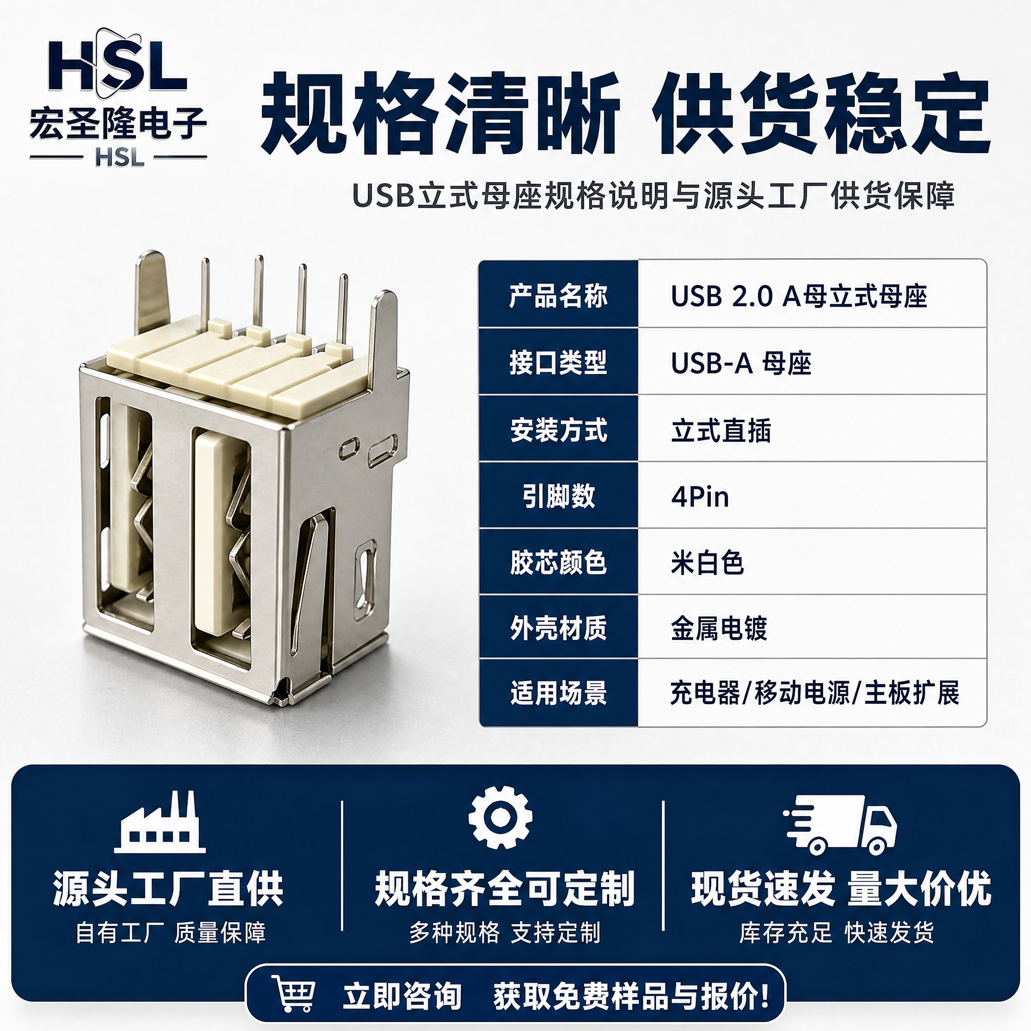 [主图-5] 规格参数与工厂背书图，主题为USB立式母座规格说… - 图片创意预览
