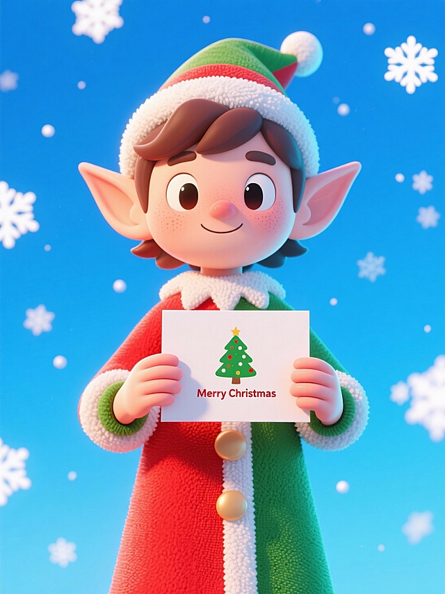 软3D风格圣诞精灵，毛发生长质感与面料纹理结合，卡通可爱，手持贺卡传递喜庆节日氛围。