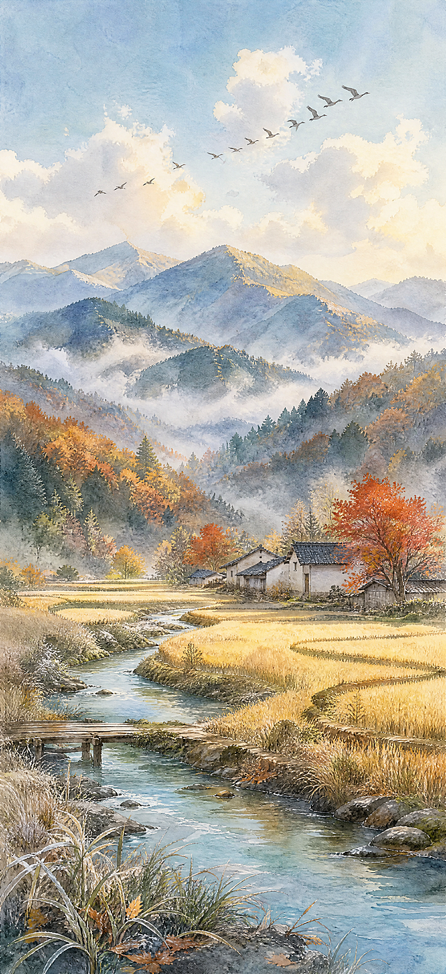 6:13超长竖版竖向构图，寒露节气清晨山水场景，国风治愈系水彩插画，整体画面清透明亮，氛围湿润、宁静、带一点秋日初霜的凉意。画面最上方是淡天青色晴空，大片柔软蓬松的白色云层分布在天空中，云层边缘被清晨暖金色阳光轻轻晕染，几只大雁和候鸟在高空斜向飞过，形成秋日迁徙感。画面上部与中部为层层叠叠的青蓝色远山，远山由浅到深递进，山脊有柔和起伏，山顶和山腰被晨间橙金色朝阳照亮，山腰间漂浮轻薄乳白色晨雾，雾气穿过峡谷与树林，让远景有空气透视感。中景群山林脉起伏，山脚与山坡覆盖大片秋日林木，树叶呈现橘红、橙黄、金黄、暖棕、深青绿交织的渐变层次，像被寒露染上的斑斓秋色。画面下半部分铺展开辽阔金色稻田，田埂、水渠、稻浪形成自然曲线，稻田边缘有几座白墙青瓦的江南乡野民居，房屋低矮安静，屋顶有薄霜质感，村边立着几株红枫树，树冠饱满橙红。一条清澈浅蓝小溪从稻田中蜿蜒流过，溪边有小木桥和湿润石块，最下方是河岸、草丛、枯叶、微微泛白的草尖与淡墨感岸线。整体是细腻通透的湿画水彩笔触，边缘柔和晕染，色彩以淡蓝、青灰、雾白、暖橙、金黄为主，光影为清晨低角度柔和漫射光，空气里有清冽湿润的寒露气息，画面从上到下层次丰富，天空、远山、晨雾、秋色林、稻田、村落、溪流自然衔接，像一帧安静舒展的东方节气山水长卷。不要出现任何文字、英文、数字、水印、签名、标识、logo，不要出现现代建筑、车辆、电线杆、人物，不要出现杂乱物件。反向提示：画面中出现汉字、英文、数字、字母、水印、logo、标识、签名、版权字符、乱码、按钮文字、图标文字；文字或水印遮挡山水画面；构图拥挤杂乱；元素重复排列；山水轮廓崩坏；树木枝叶畸形；飞鸟肢体怪异；房屋结构混乱；稻田和梯田透视错误；小溪和河流流向混乱；色彩脏污发灰；颜色过饱和刺眼；大面积死白或死黑；画面过曝；画面暗沉无光；糊成一团；边缘锯齿化；平涂无层次；笔触油腻厚重；写实摄影质感过强；人物出现；现代建筑出现；电线杆、汽车、广告牌等现代物件出现；画面比例拉伸变形；透视错误；多肢体、畸形动物、畸形飞鸟；水印残留；画面不完整；局部模糊过度；长竖版画幅上下挤压；整体缺少空气感和晨雾感。