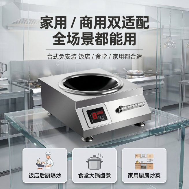 1:1竖版电商主图，杂志级排版，背景为商用高级透明厨房，中间斜视角放置严格还原的猛火爆炒炉，还原参考图中产品外观。画面上方居中放置加粗无衬线深灰色字体主标题：「家用 / 商用双适配 全场景都能用」，主预览效果