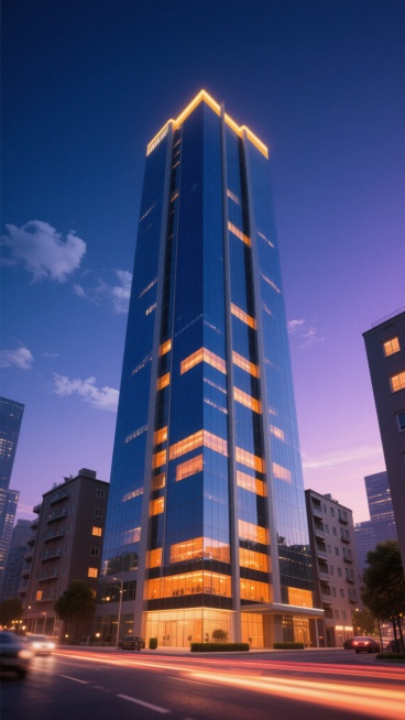 超写实3D渲染风格的现代城市建筑夜景，画面中央矗立着一栋高耸的玻璃幕墙写字楼，主体为深蓝色调玻璃与银灰色金属框架结构，玻璃表面呈现细腻的反光质感，建筑底部和顶部边缘有暖黄色灯光勾勒轮廓，内部多层窗户透出明亮的橙黄色灯光。建筑周围环绕着较低矮的多层住宅楼，街道上有模糊的车流灯光轨迹，天空呈现渐变的深蓝色到淡紫色黄昏暮色，点缀着少量白色云朵，整体光影效果柔和，营造出繁华都市宁静而现代的氛围，构图采……预览效果