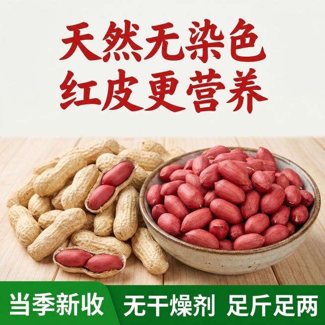 四粒红带壳生花生电商主图，1:1正方形比例。顶部核心信息区用醒目红色艺术字写“天然无染色 红皮更营养”，字体醒目。中间主体区域摆放带壳四粒红花生，旁边放着一碗剥开的红皮花生仁，花生颗粒饱满红润，背景是预览效果