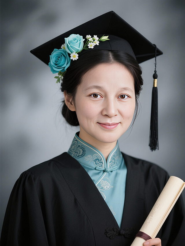 女生证件照，黑色学士袍，内衬是天青色汉服，鬓角和帽子上簪青色洋桔梗和青色玫瑰、白色小花，学士帽穗子，手执卷轴，领口复古花纹，黑灰色朦胧背景。