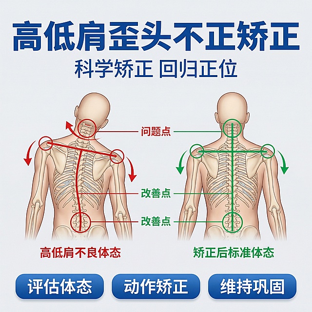 [主图 3] 高低肩体态改善课程主图
[氛围/风格] 专业运动康复风格，清爽明亮，知识氛围，和套图整体风格统一
[画面元素] 中心放置人体体态示意图，左侧标注高低肩不良体态，右侧标注矫正后标准体态，清晰标注问题点和改善点，同一人物对比；上下留白放置文字信息
[配色色系] 主色调：浅灰色背景，专业蓝色标注；辅助色：红色标注问题点，绿色标注矫正结果，白色背景
[视角构图] 中心对称构图，主体突出，层次分明
[文字版式] 顶部主标题 "高低肩歪头不正矫正"，副标题 "科学矫正 回归正位"，底部三枚蓝色圆角要点卡片「评估体态」「动作矫正」「维持巩固」水平排列；主标题粗体最大字，副标题缩小，要点卡片文字清晰，和背景高对比，不遮挡主体示意图。
[比例分辨率] 1:1 比例，2k 分辨率