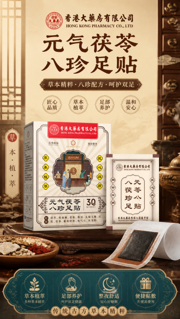 为元气茯苓八珍足贴做一张高端大气的电商产品宣传图，保留产品品牌香港大药房有限公司和产品名称元气茯苓八珍足贴信息，整体风格国风复古高端，符合电商平台推广需求预览效果