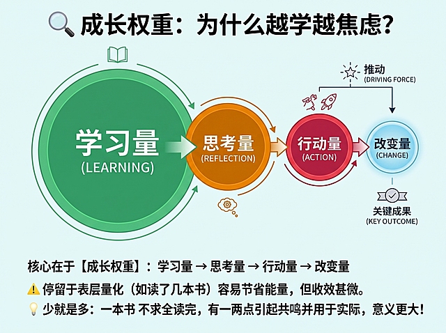 信息图风格，标题为“🔍 成长权重：为什么越学越焦虑？”，正文内容：核心在于【成长权重】：学习量 → 思考量 → 行动量 → 改变量 ⚠️ 停留于表层量化（如读了几本书）容易节省能量，但收效甚微。💡 少就是多：一本书不求全读完，有一两点引起共鸣并用于实际，意义更大！参考提供的成长权重流程图，保持简约扁平化设计风格，配色清新统一，和参考图风格一致，文字排版清晰，保留流程递进图示