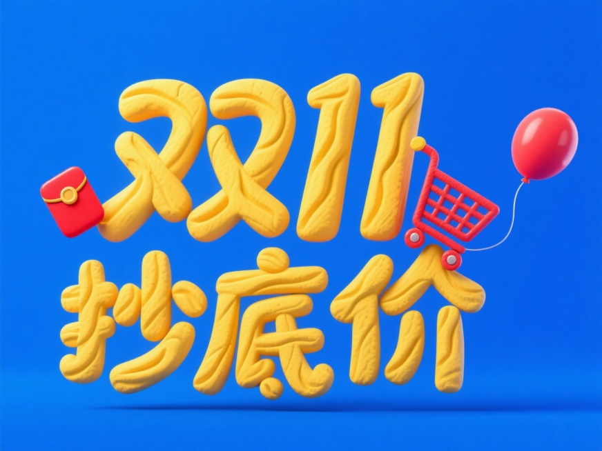 带有手工压痕的粘土风格。黄色"双11抄底价”漂浮在空中，字体上装饰红包、购红色购物车、气球。蓝色背景预览效果