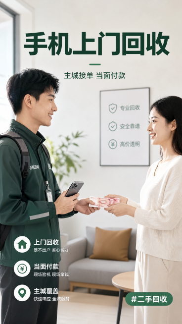 小红书风格手机回收服务宣传图，写实商业摄影风格，画面简洁干净。居中放置主标题"手机上门回收"，副标题"主城接单 当面付款"，右下角装饰标签#二手回收，左下角列出卖点：上门回收、当面付款、主城覆盖，整体预览效果