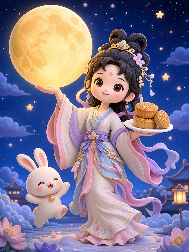 黏土风3D立体风格，古风装扮的嫦娥仙子，一只手撑着一个超大的发光月亮，另一只手举着一个白色圆盘子，盘子上放着两个叠起来的月饼，旁边还有一个斜靠着的月饼，嫦娥脚踝交叉站姿，旁边有一只可爱的跳起来的开心白色小兔子，夜景蓝色天空背景，闪烁着星光，柔和梦幻的光影，可爱治愈的卡通风格，细腻的黏土质感