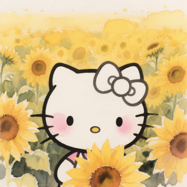 Hello Kitty头像，1:1正方形构图，经典白色蝴蝶结，圆脸蛋带淡粉色腮红，无嘴设计，背景是暖黄色向日葵花田，油画厚涂肌理，笔触细腻，柔和光影，暖调氛围，8K高清，细节丰富，适合社交平台头像，无预览效果