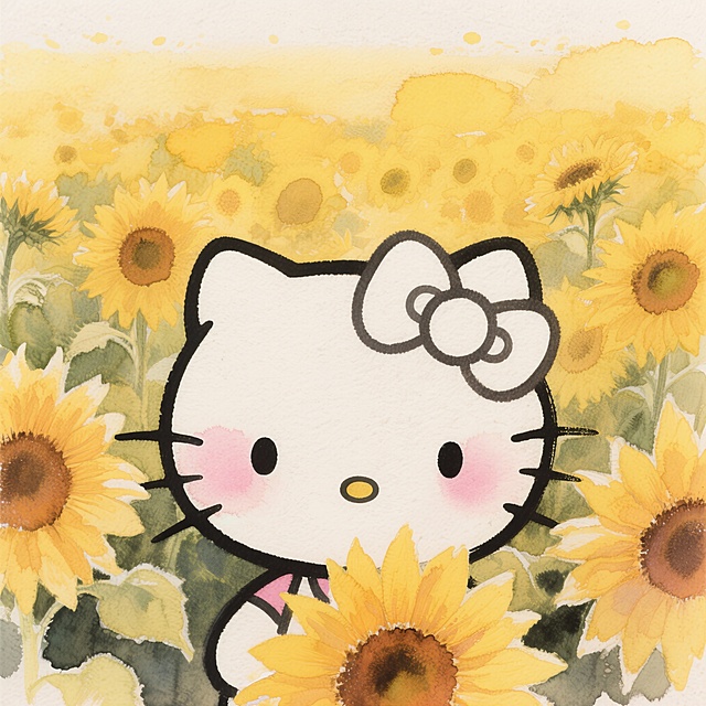 Hello Kitty头像，1:1正方形构图，经典白色蝴蝶结，圆脸蛋带淡粉色腮红，无嘴设计，背景是暖黄色向日葵花田，油画厚涂肌理，笔触细腻，柔和光影，暖调氛围，8K高清，细节丰富，适合社交平台头像，无水印