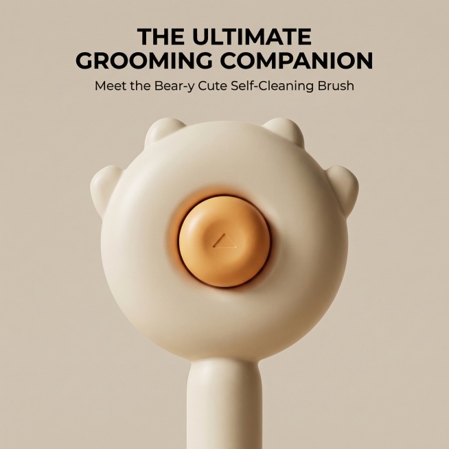 A high-end magazine-style product photography. A creamy bear-shaped pet brush with an orange round b预览效果